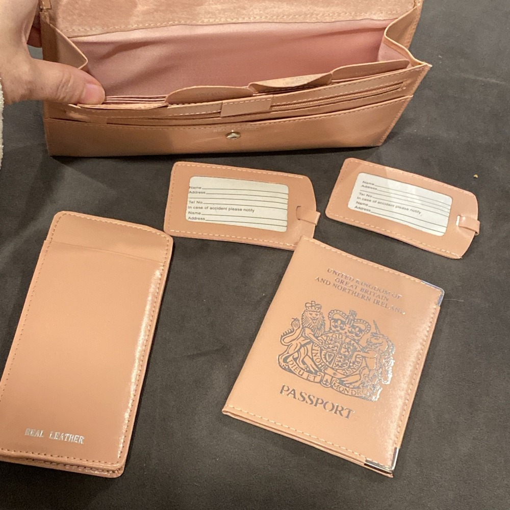 Real Leather Travel Organizer Wallet Set Blush Pink Passport Cover Luggage Tags